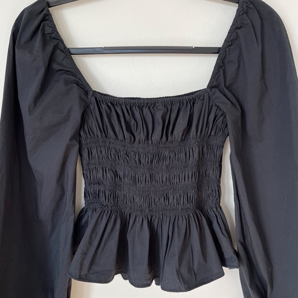 Staud Jules Puff Sleeve Peplum Smocked Top Womens Small Black - Picture 6 of 11